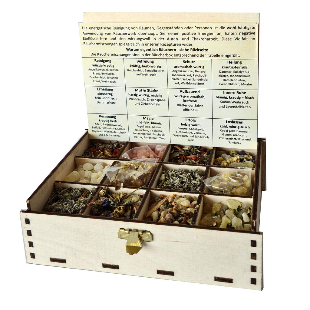 Heilkräuter Manufaktur Räucherbox Geschenkbox mit 12 Sorten Räuchermischungen Rituale im Jahreskreis, Jahreszeiten, 14 x 10 x 4 cm