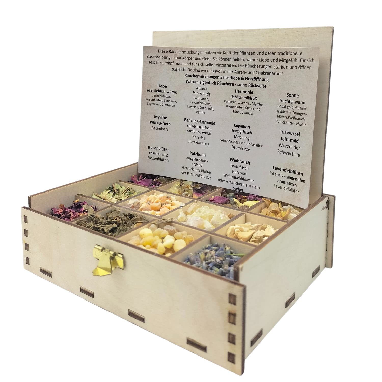 Heilkräuter Manufaktur Räucherbox Geschenkbox mit 12 Sorten Räuchermischungen Räucherwerk für die Seele, 14 x 10 x 4 cm