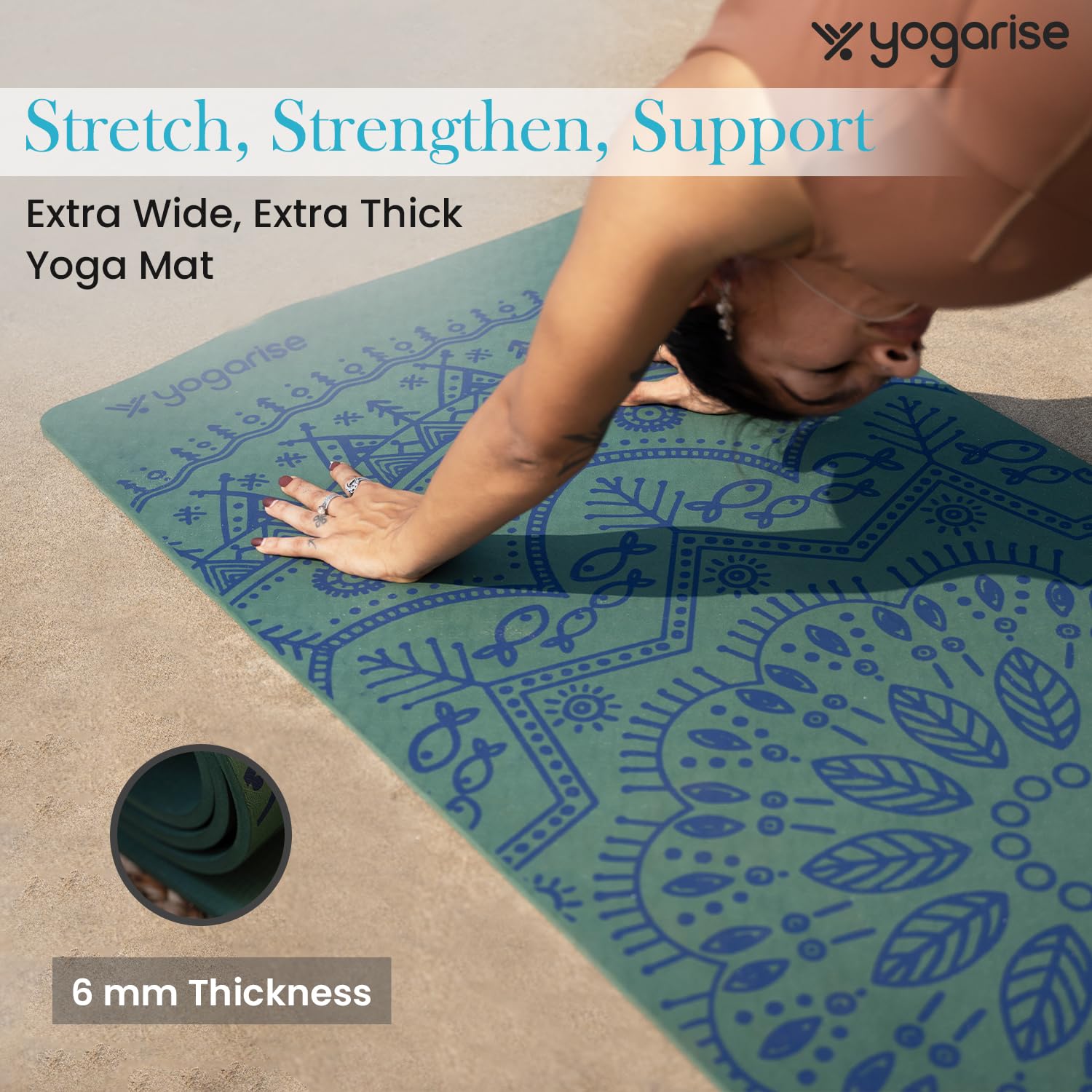 Yogarise 6mm Perfumed TPE Yoga Mat with Mandala Print and Carry Bag for Men and Women, Non-Slip Texture, Extra Wide & Thick TPE Exercise Mat For Home, Sweat-Resistant (Green)