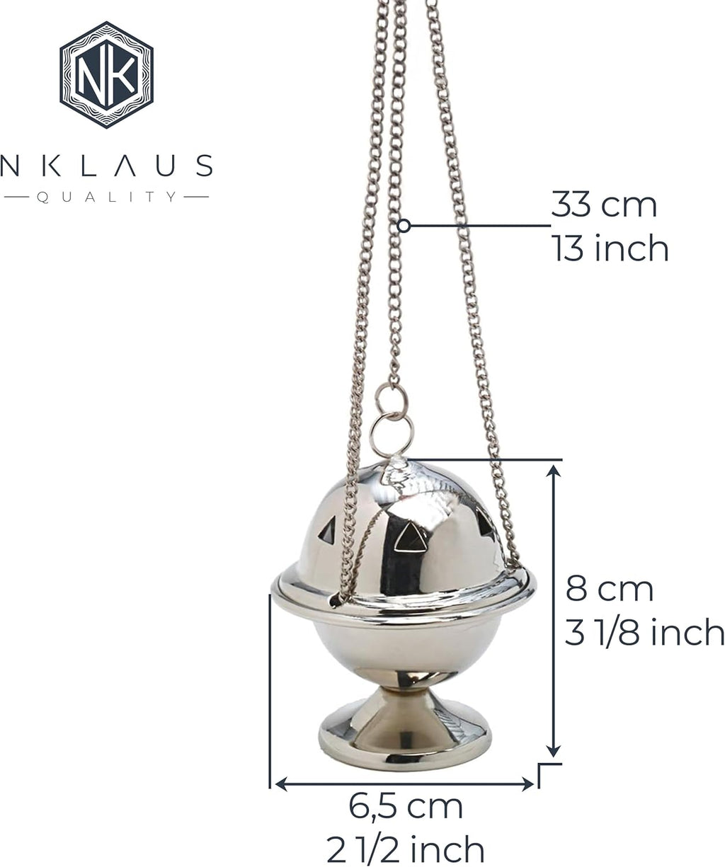 NKlaus Incense Burner & Incense Barrel Made of Brass Silver - Incense Burner with Chain 33 cm - Traditional Incense Holder 8 x 6.5 cm for Home & Church - Handmade & Elegant 7529