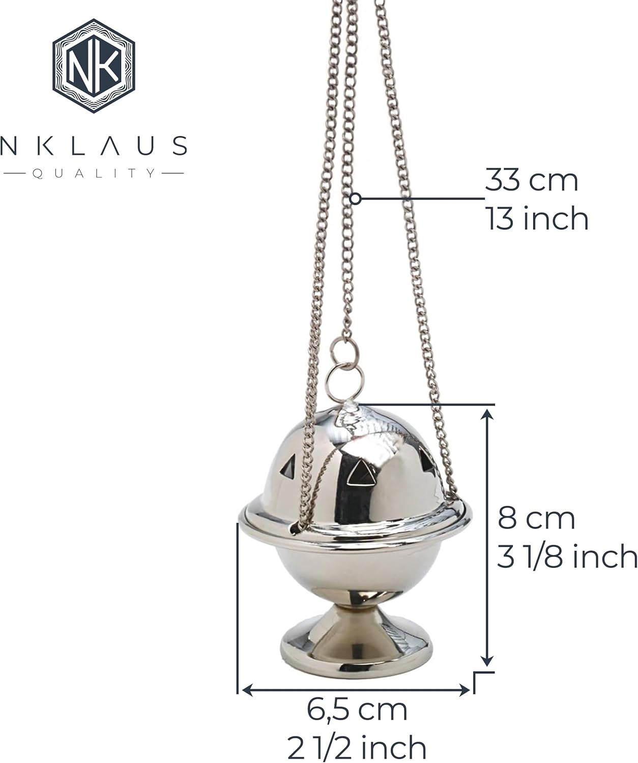 NKlaus Incense Burner & Incense Barrel Made of Brass Silver - Incense Burner with Chain 33 cm - Traditional Incense Holder 8 x 6.5 cm for Home & Church - Handmade & Elegant 7529