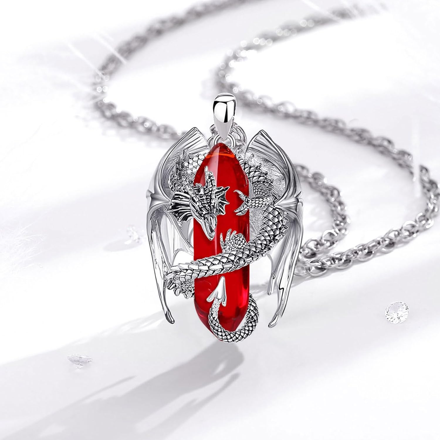INFUSEU Kristall Drachen Kette, Nordischer Drache Gewickelter Zylinder Edelstein Kristall Anhänger Sechseckiger Heilkristall Anhänger Gothic Naturkristall-Schmuck Geschenk für Männer Frauen