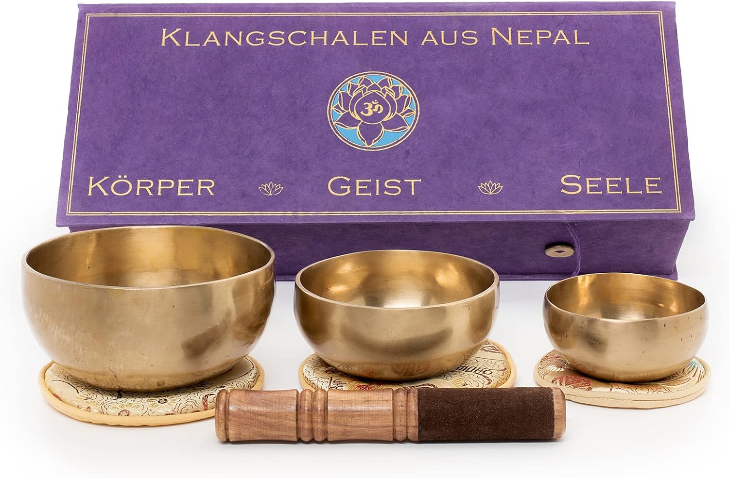 Körper-Geist-Seele-Box mit 3 feinen Klangschalen für das Herz-Chakra, das Stirn-Chakra und Kronenchakra für Meditation u. Klang-Therapie I Handgeschmiedet I Inkl.Klöppel/Pads I Fair Trade aus Nepal