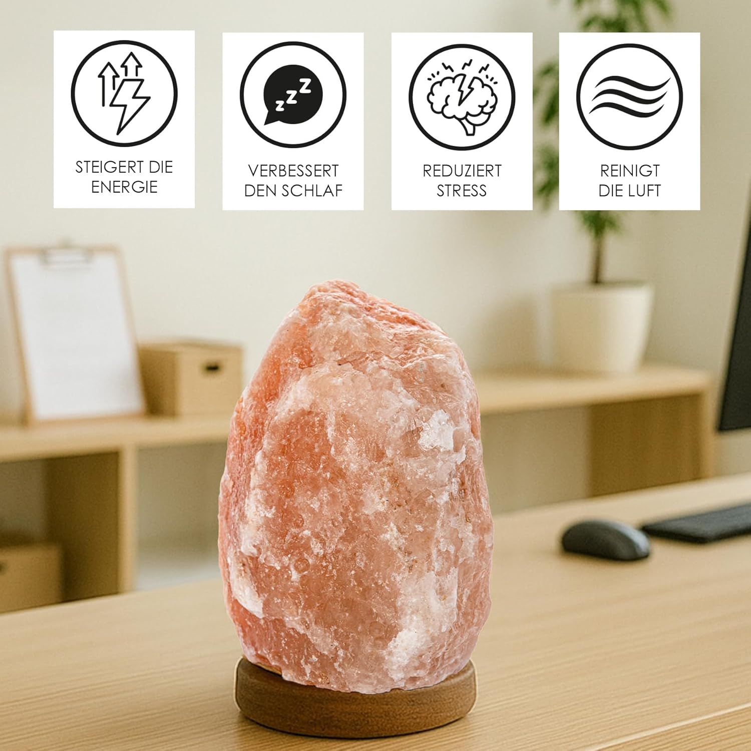 Fisura - Salt Range Pakistan Lamp. Weight from 2 to 3 kg, with Wooden Base, Cable and 15W Bulb. Relaxing Lamp for Desk and Bedside. Original Gift, Pink