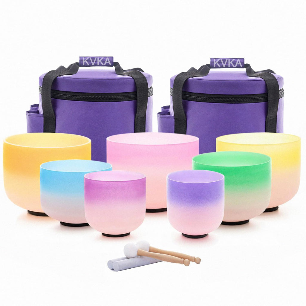 KVKA Kristall-Klangschalen Set, 6-12 inch 432Hz Weiß Frosted Quarz Chakra Sound Healing Klangschalen für Meditation Yoga Entspannung Stressabbau mit Tragetasche