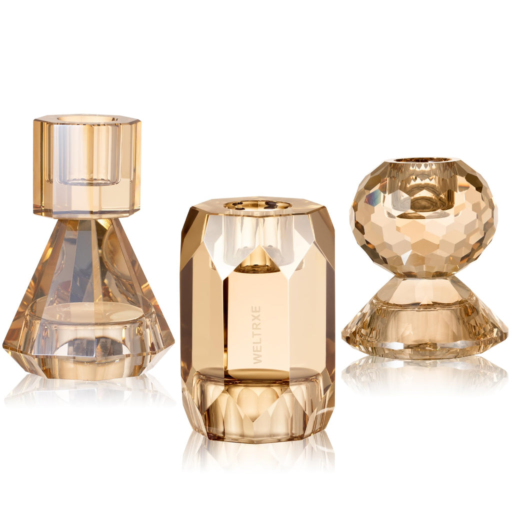 WELTRXE Kristall Kerzenhalter, 3er Set transparente Teelichthalter für Stabkerzen und Teelichter, 2-in-1-Design-Kerzenhalter aus Kristall für Tischdekorationen, Hochzeiten, Party (Grau)