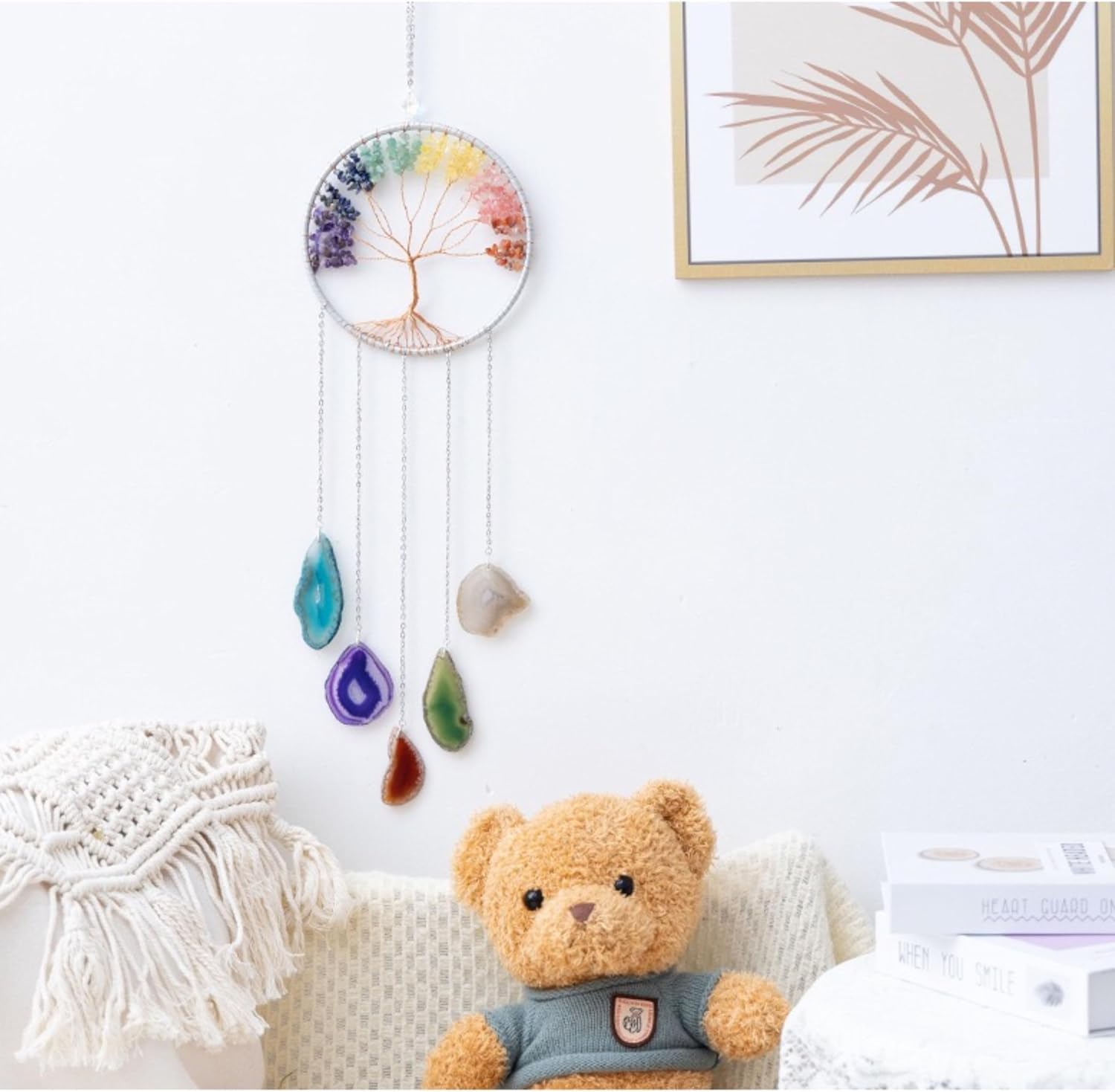 Crystals Tree of Life Dream Catcher, Natural Gemstone Agate Chakra Sign, Wall Hanging, Home Decoration for Meditation, Yoga Wall Art, Mandala Ornaments for Bedroom (7 Chakra Crystals)