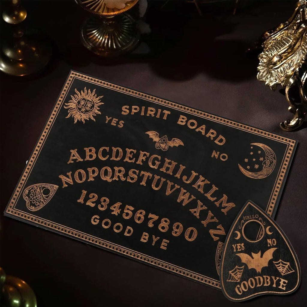 Ieron Ouija-Brett und Tarotkartenhalter-Set, schwarzes Holz-Spirit-Brett, Wünschelruten-Wahrsager-Bretter, Sprechbretter mit Planchette für Hexereibedarf
