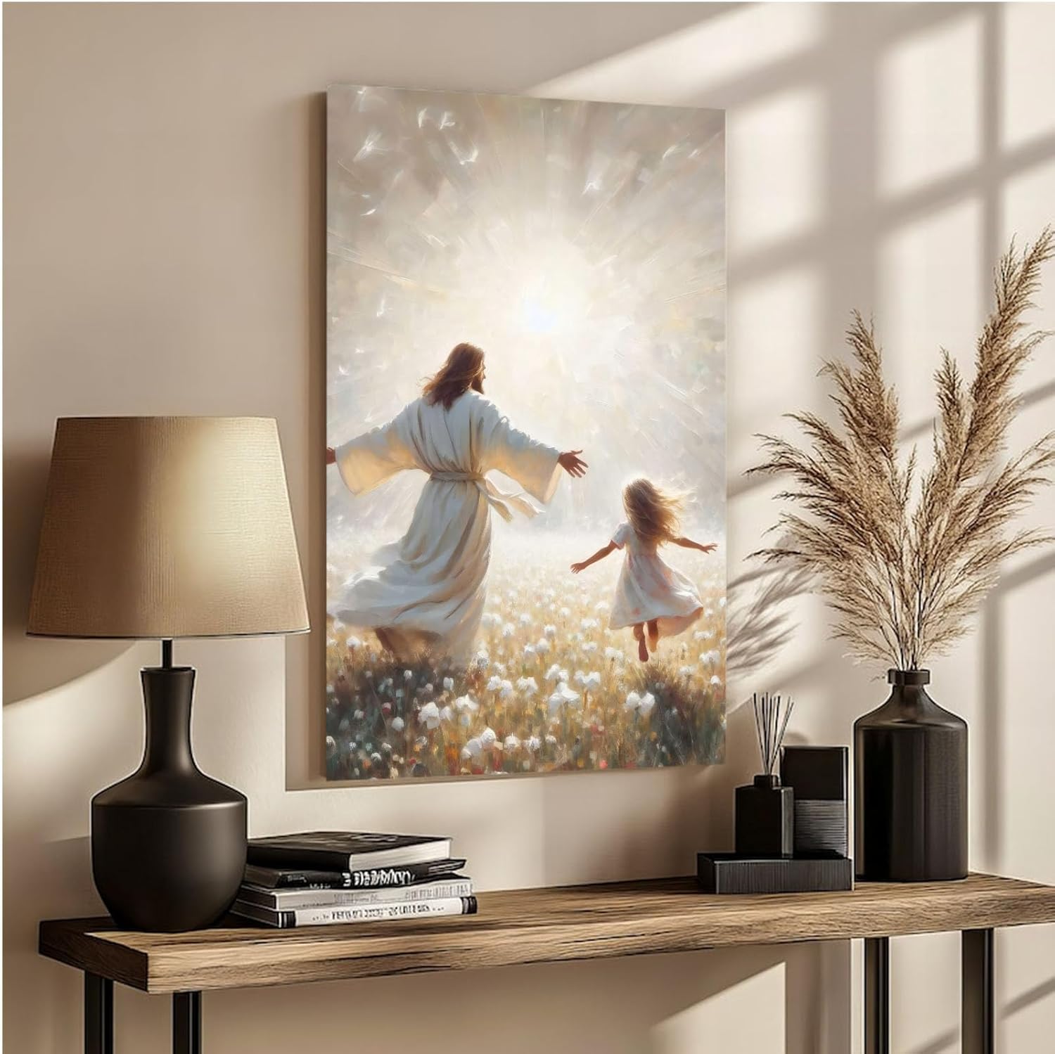 Jesus canvas painting spiritual artwork featuring a girl in a flowing white robe happily playing in a warm field of golden daisies. Adds a vibrant atmosphere to your home's sacred wall decor