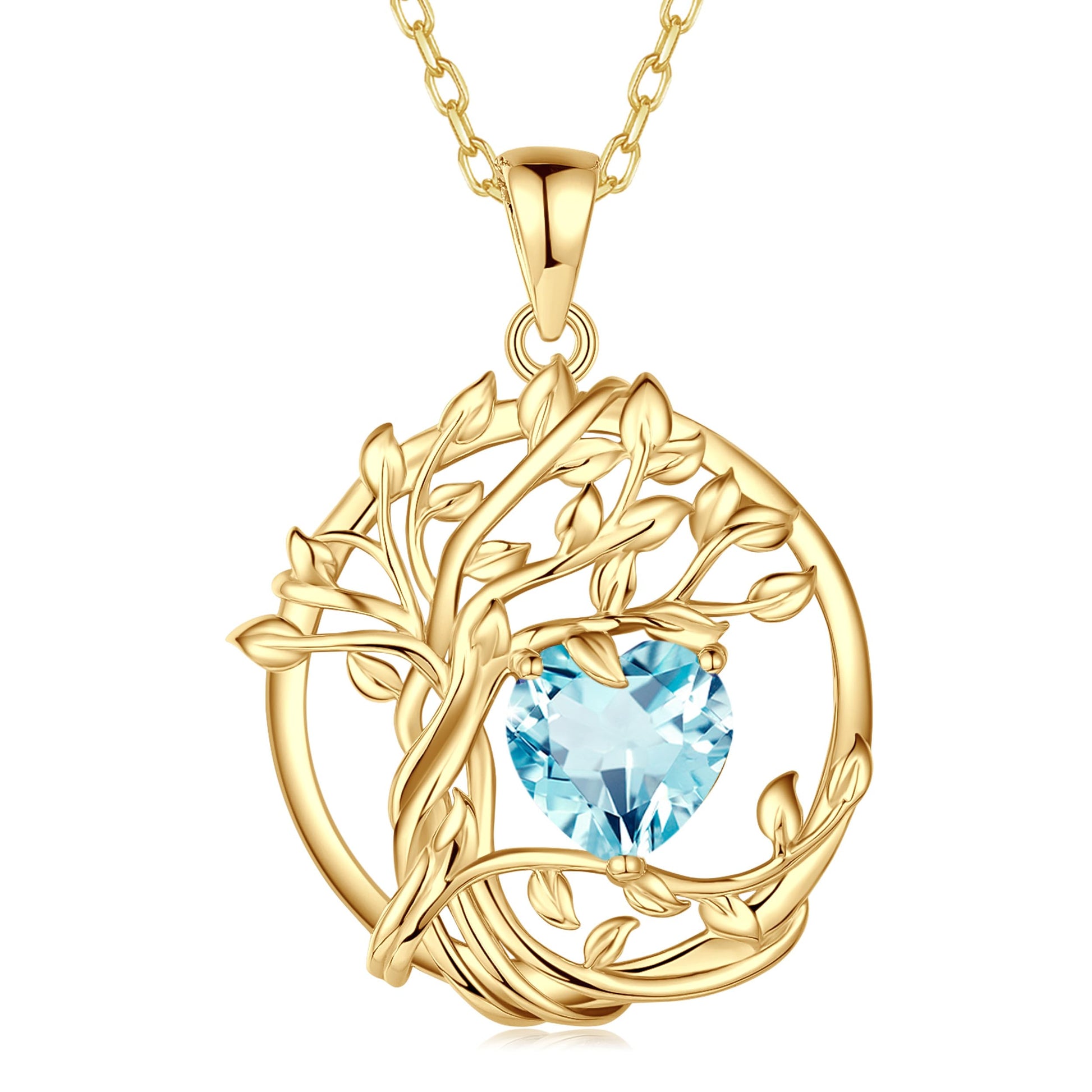 FANCIME Lebensbaum Geburtstein Kette für Damen Gelbgold Vergoldet Baum des Lebens Edelstein Anhänger Halskette Schmuck Geschenke für Damen Frauen Mädchen, Kettenlänge: 40+5 cm