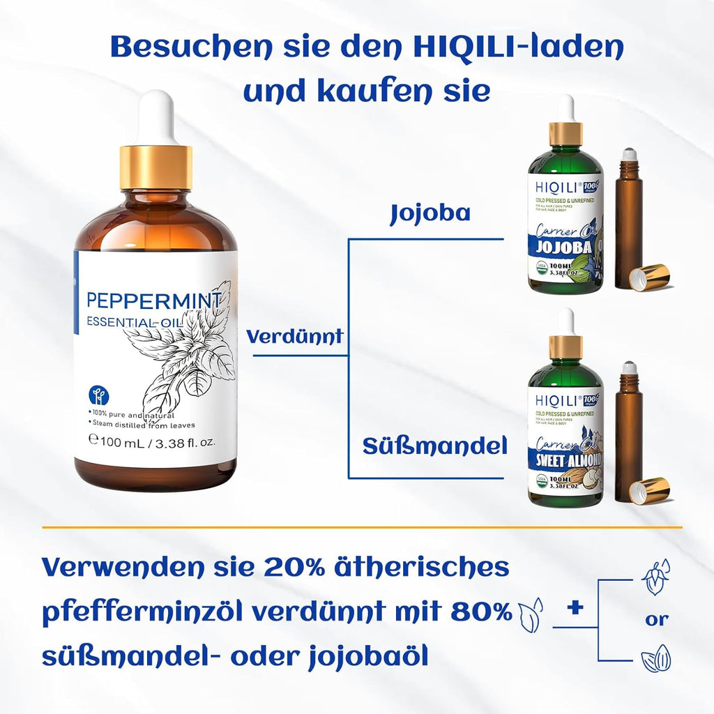 HIQILI 100ml Pfefferminzöl Ätherisches Öl, 100% Reines Naturrein Minzöl,Peppermint Oil für Diffuser, Massage, Haar, Hautpflege - Gratis Eine Reiseflasche