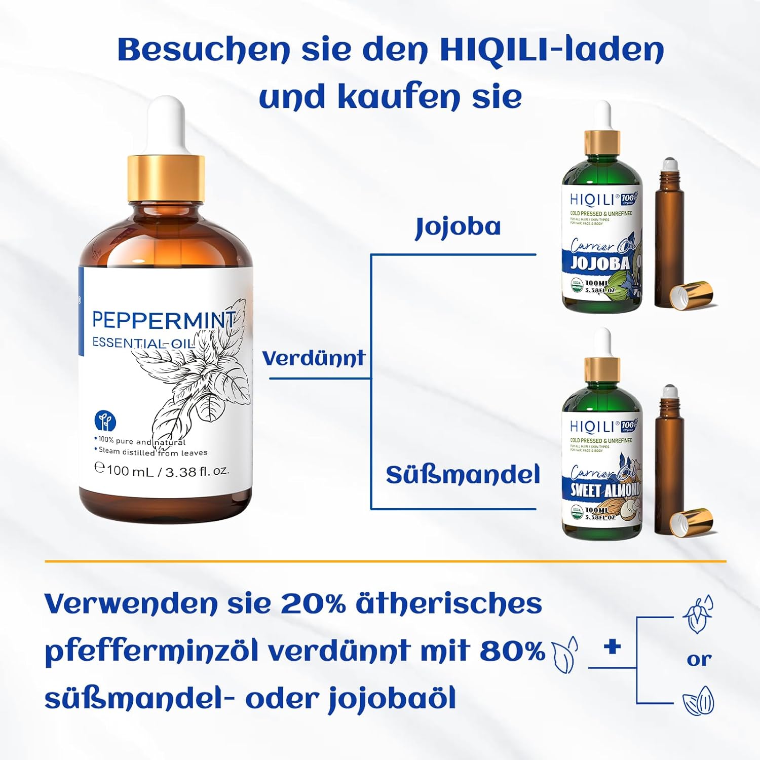HIQILI 100ml Pfefferminzöl Ätherisches Öl, 100% Reines Naturrein Minzöl,Peppermint Oil für Diffuser, Massage, Haar, Hautpflege - Gratis Eine Reiseflasche