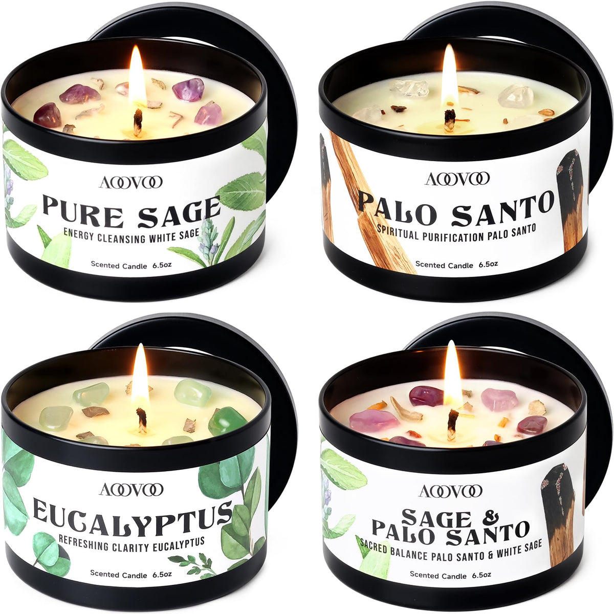 AOOVOO Sage Candle for Cleansing - 3 Wick 12oz Large Scented Candle with Crystals & Sage Leaves Inside, Soy Candles Non Toxic for Meditation Spiritual Gift, Aromatherapy Candle for Women Men