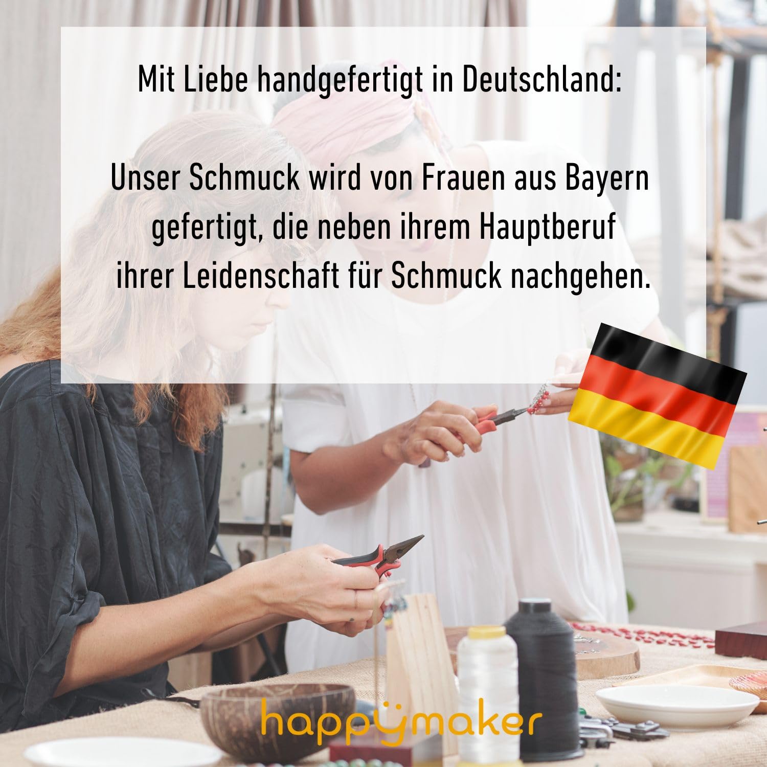 happymaker - Schwarzer Turmalin Kette mit Bergkristall, Stoffband mit 18k vergoldeten Perlen und echten Edelsteinen, Turmalin und Bergkristall Anhänger, lange Kette Damen, handgefertigt in Deutschland