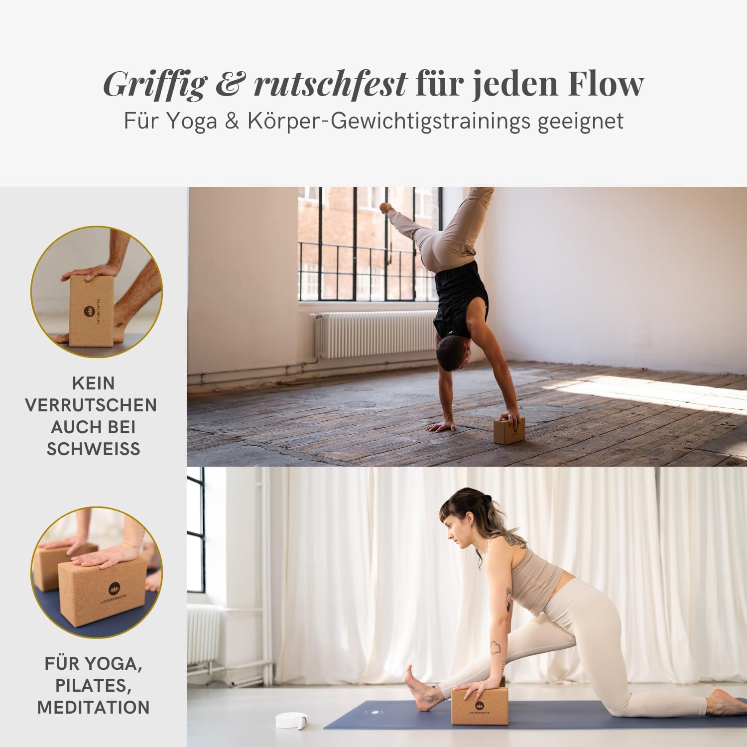 Lotuscrafts® Yoga Block Kork 2er Set oder Einzeln, Korkblock in 2 Größen, Made in Portugal, 100% Natürliche Yogablöcke aus Kork, Yoga Zubehör für Anfänger & Fortgeschrittene