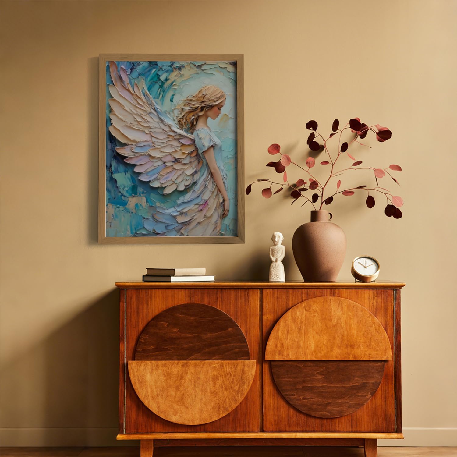 Praying Angel Wall Art – Spiritual Canvas Print, Colored Winged Angel Oil Painting Style Christian Religious Picture poster，Spiritual Blue and Pastel Tones Wall Decor for Bedroom, Prayer Room, Christian Gift, Wood Frame 12x16in