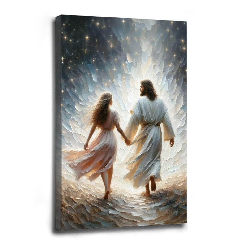 Jesus canvas painting spiritual artwork featuring a girl in a flowing white robe happily playing in a warm field of golden daisies. Adds a vibrant atmosphere to your home's sacred wall decor