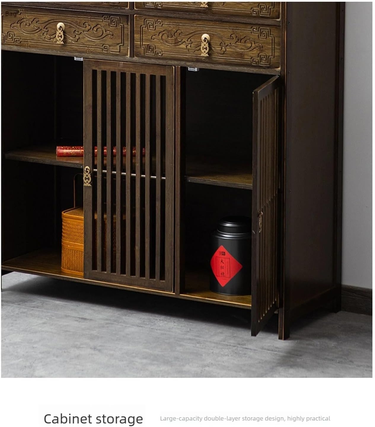 Altartisch im chinesischen Stil mit Lotusschnitzerei – Aufbewahrungsschrank aus Bambus for Meditation, Gebetspräsentation, Heimdekoration(60 * 36 * 186cm/23 * 14 * 73in)