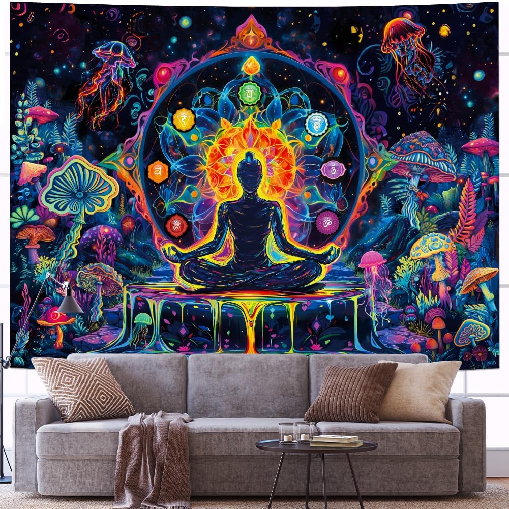 Yuiqear Blacklight Chakra Yoga Meditation Tapestry Mushroom Flower Wall Backdrop UV Reactive Mandala Tapestries Galaxy Space Jellyfish Tapestry Wall Hanging for Bedroom