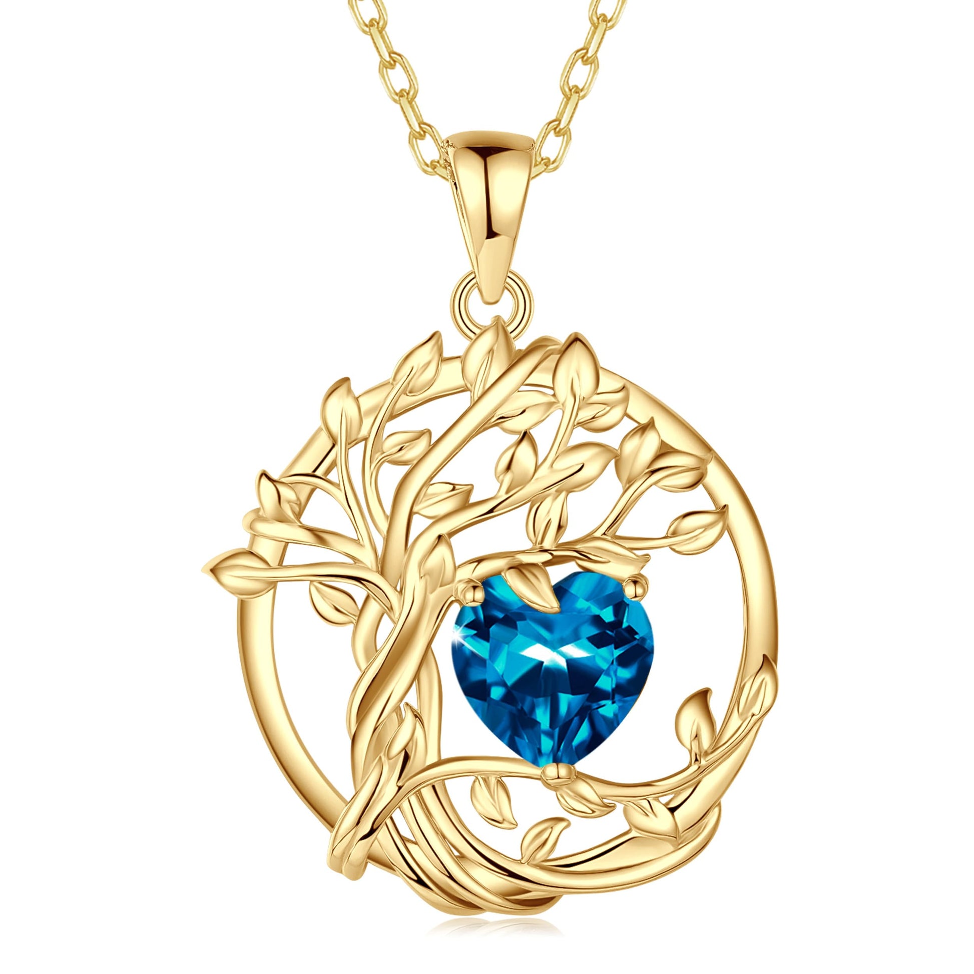 FANCIME Lebensbaum Geburtstein Kette für Damen Gelbgold Vergoldet Baum des Lebens Edelstein Anhänger Halskette Schmuck Geschenke für Damen Frauen Mädchen, Kettenlänge: 40+5 cm