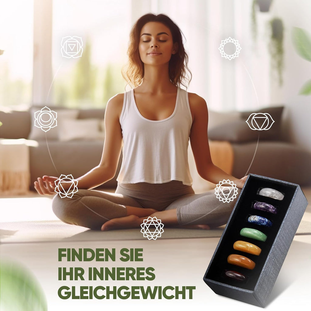 PURAJA Premium Chakra Set mit den 7 wichtigsten Edelsteinen | Heilsteine Set aus echten Edelsteinen | Chakren Steine mit eingravierten Symbolen | Handgefertigte Heilsteine für Meditation