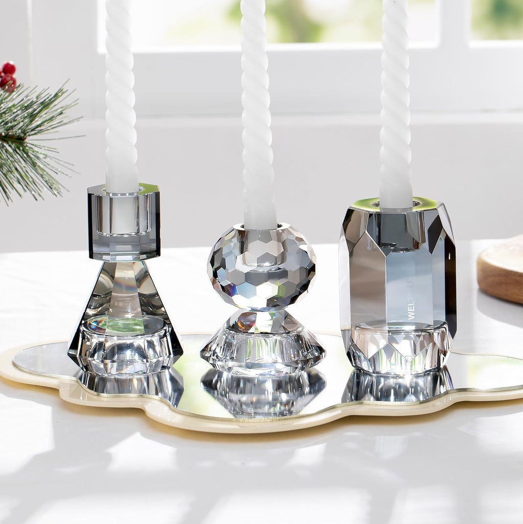 WELTRXE Kristall Kerzenhalter, 3er Set transparente Teelichthalter für Stabkerzen und Teelichter, 2-in-1-Design-Kerzenhalter aus Kristall für Tischdekorationen, Hochzeiten, Party (Grau)