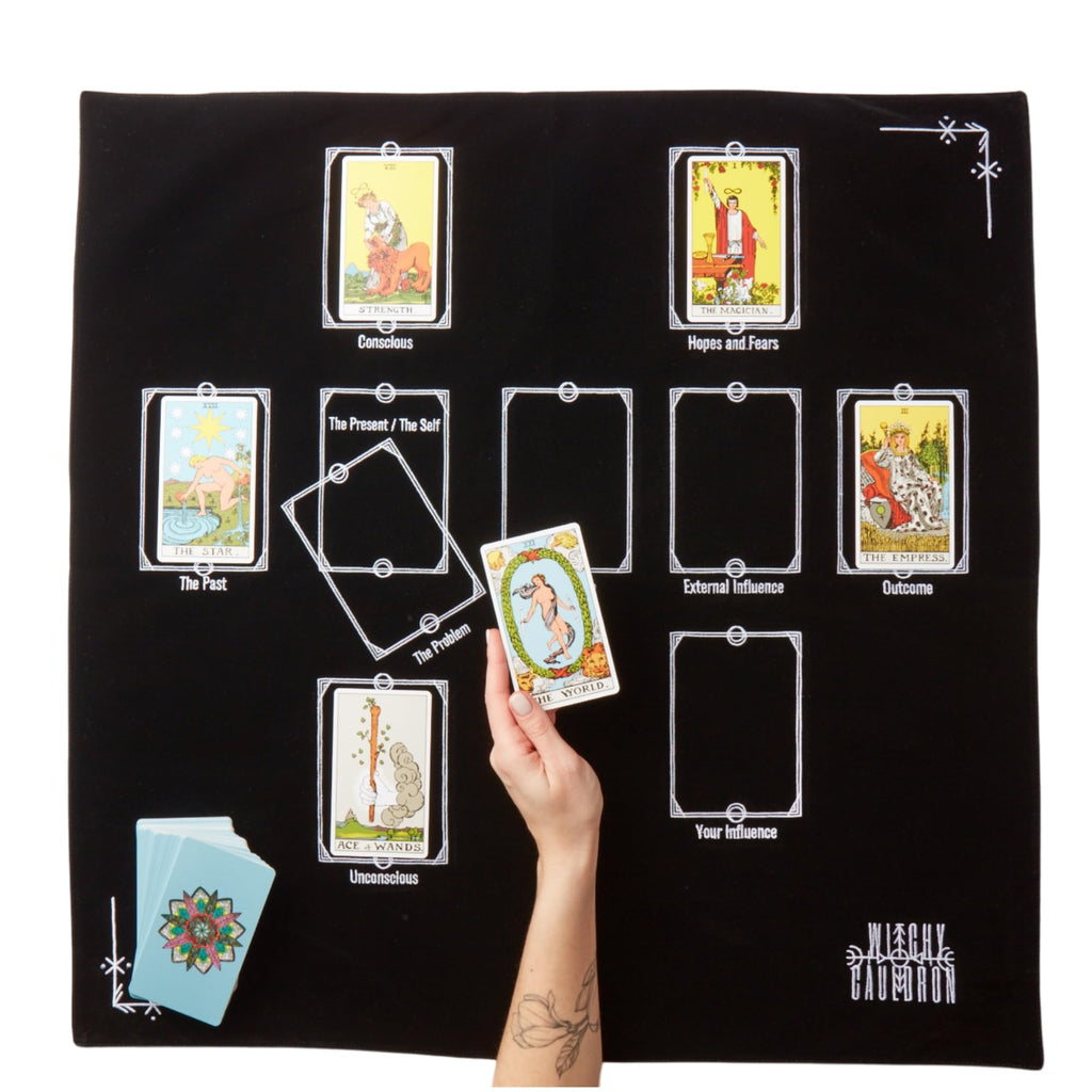 Tarot Divination Table Cloth for Reading and Altar Cloth Moon Alter, Cloth Witchy Embroidery Velvet Silk Touch Satin Celtic Cross (Blue)