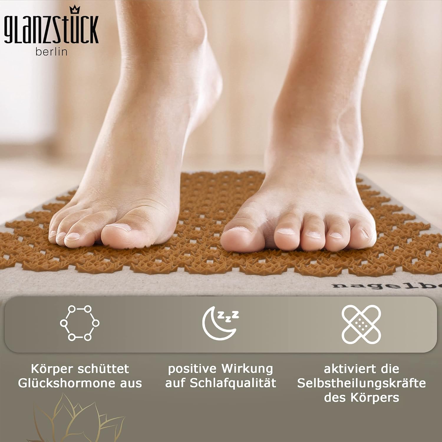 Glanzstück Berlin® Health Collection: XL Akupressurmatte Set ORIGINAL aus Leinen, Hilfe bei Verspannungen, Rückenschmerzen, Massagematte mit Kissen (Wärmefunktion) & Tasche, nachhaltig