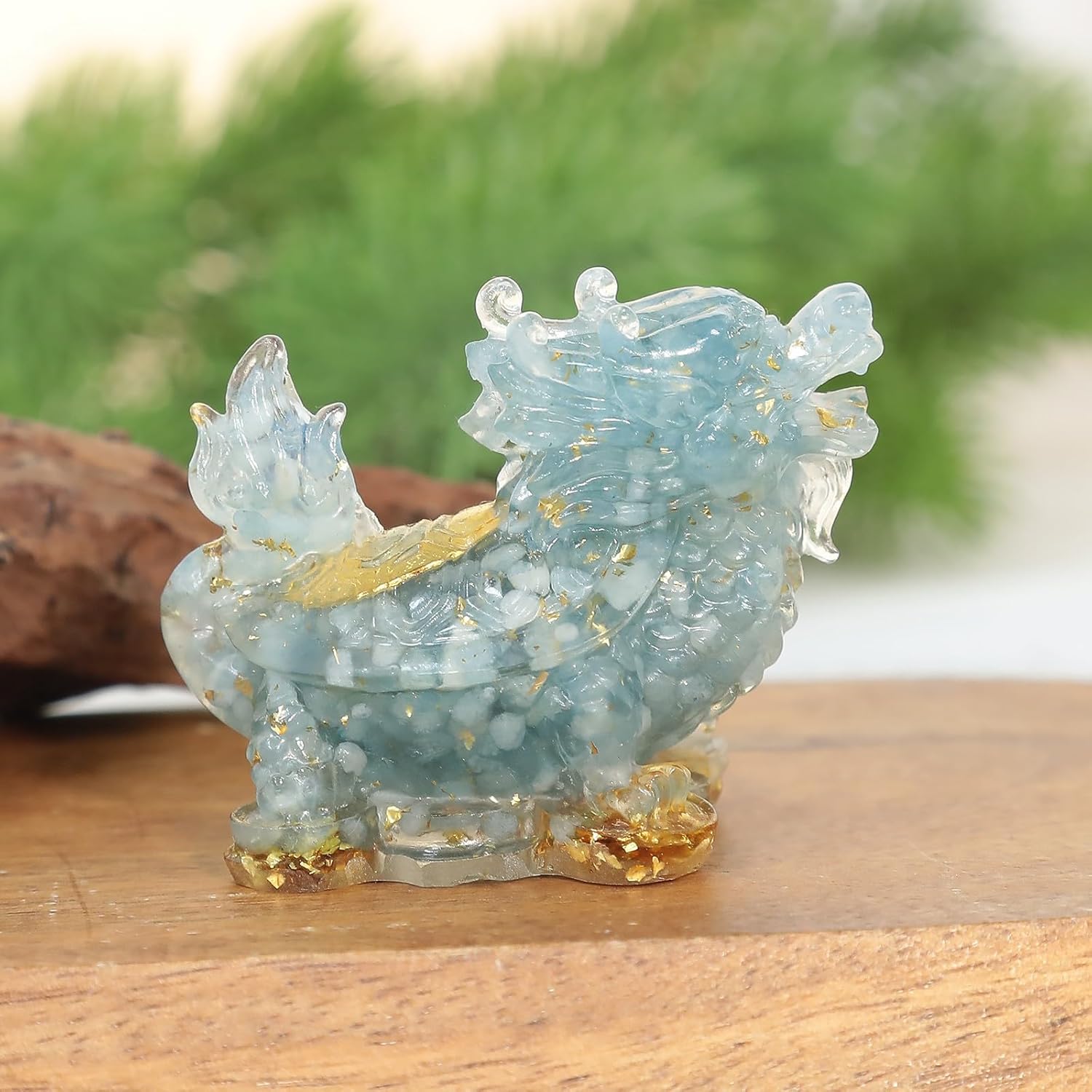 KYEYGWO Aquamarine Kristall Drachen-Schildkröte Figur Deko, Harz Chinesischer Drache Stein Statue Reichtum Goldmünze Skulptur Feng Shui Wohlstand Ornament Glück Sammlerfigur für Haus Büro