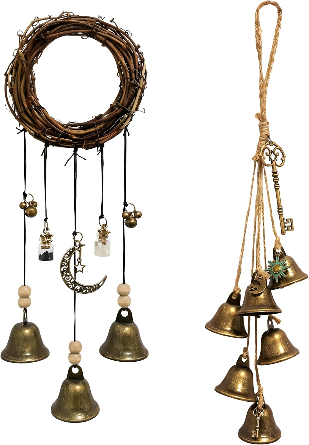 Witch Bells for Door Knob for Protection, 2 Pack Handmade Witch Bells 13.5 & 12.2 Inch with Brass Bells and Spell Jars, Vintage Boho Witchy Decor Witchcraft Supplies Wiccan Gifts for Home Wall Door
