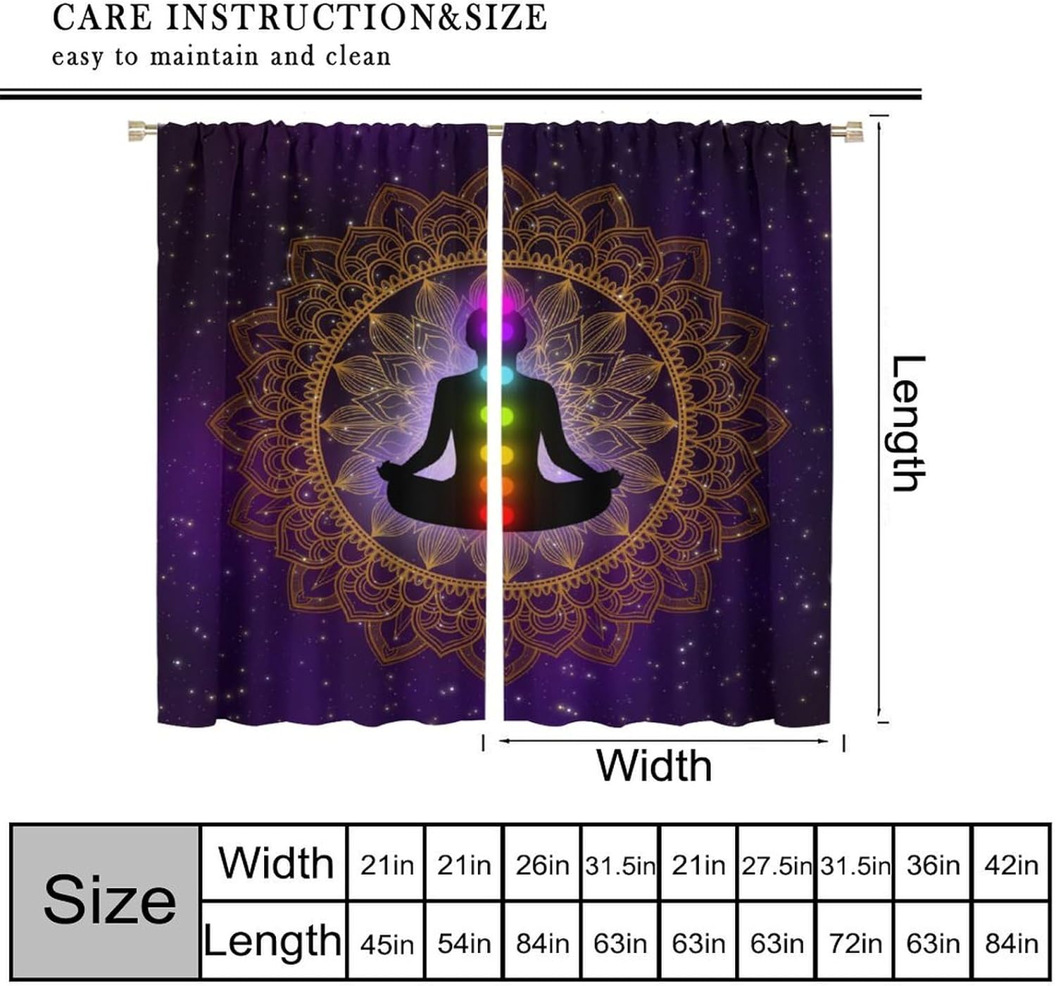 ZhiRain Seven Chakra Curtains Hippie Yoga Meditation Boho Mandala Galaxy Curtain with Rod Pocket for Bedroom Living Room Home Decor Drapes Window Treatments 2 Panels Set 42" W X 45" L