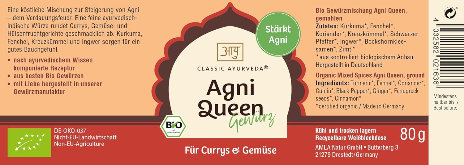 Classic Ayurveda - Bio Agni Queen Gewürz - 80 g - Ayurvedische Würze für Currys und Gemüse