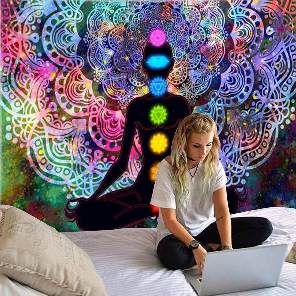 Yoga Mandala Tapestry, Colourful Seven Chakra Tapestry with Installation Kit, for Bedroom, Living Room, Dorm, Studio Room Decor
