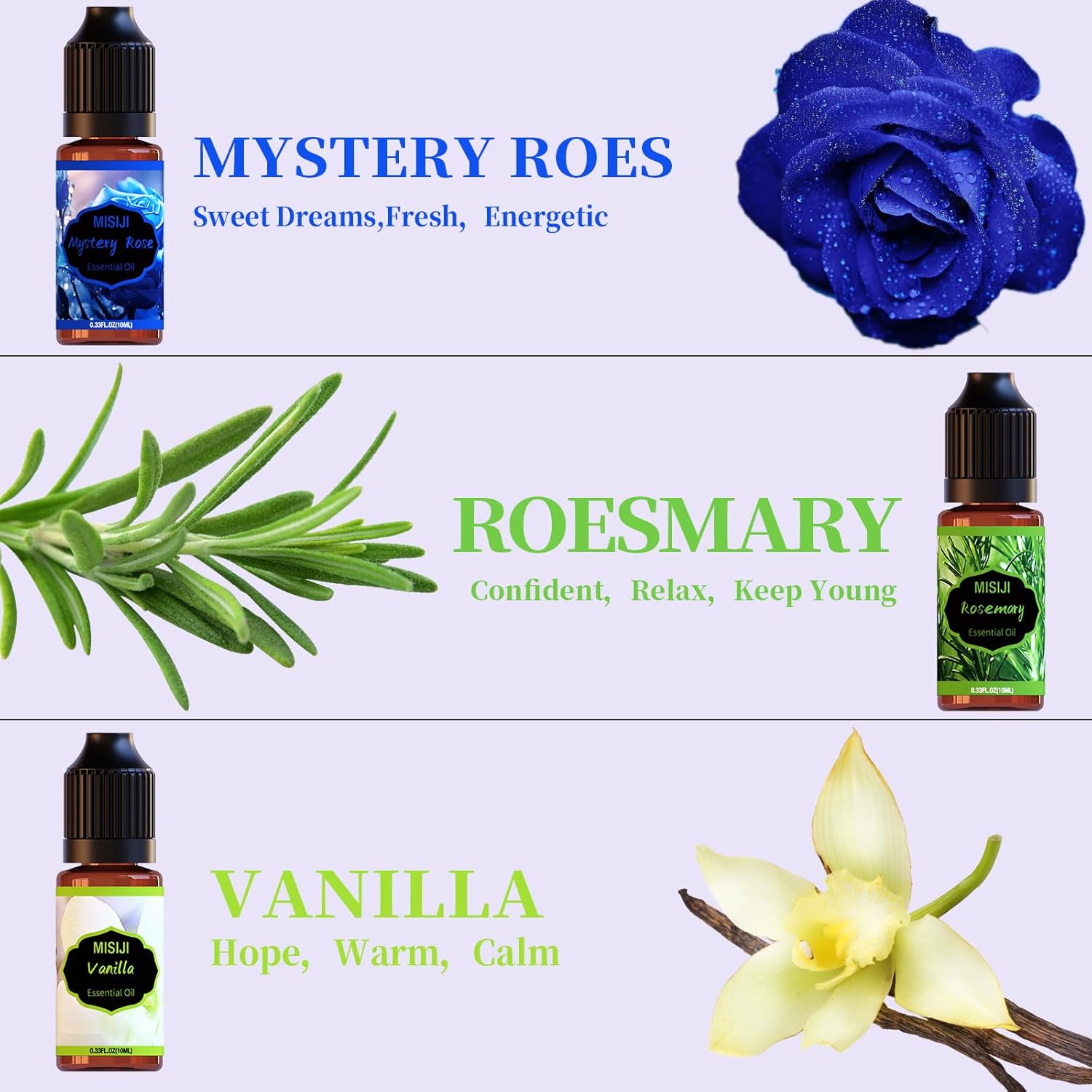 MISIJI Flower Ätherische Öle Set für Diffuser, Aromatherapie Duftöl GeschenkSet, Duftöle für Diffuser,Kerzenherstellung,Mestery Rose, Kirschblüte, Luxus Veilchen, Rosmarin, Vanille, Lavendel
