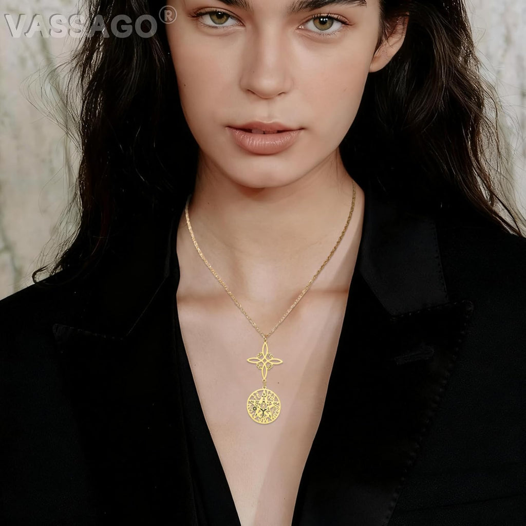 VASSAGO Witch Knot Tetragram Pentagram Necklaces Celtic Knot Pendant Double Protection Witchcraft Pagan Amulet Irish Jewellery for Women Men