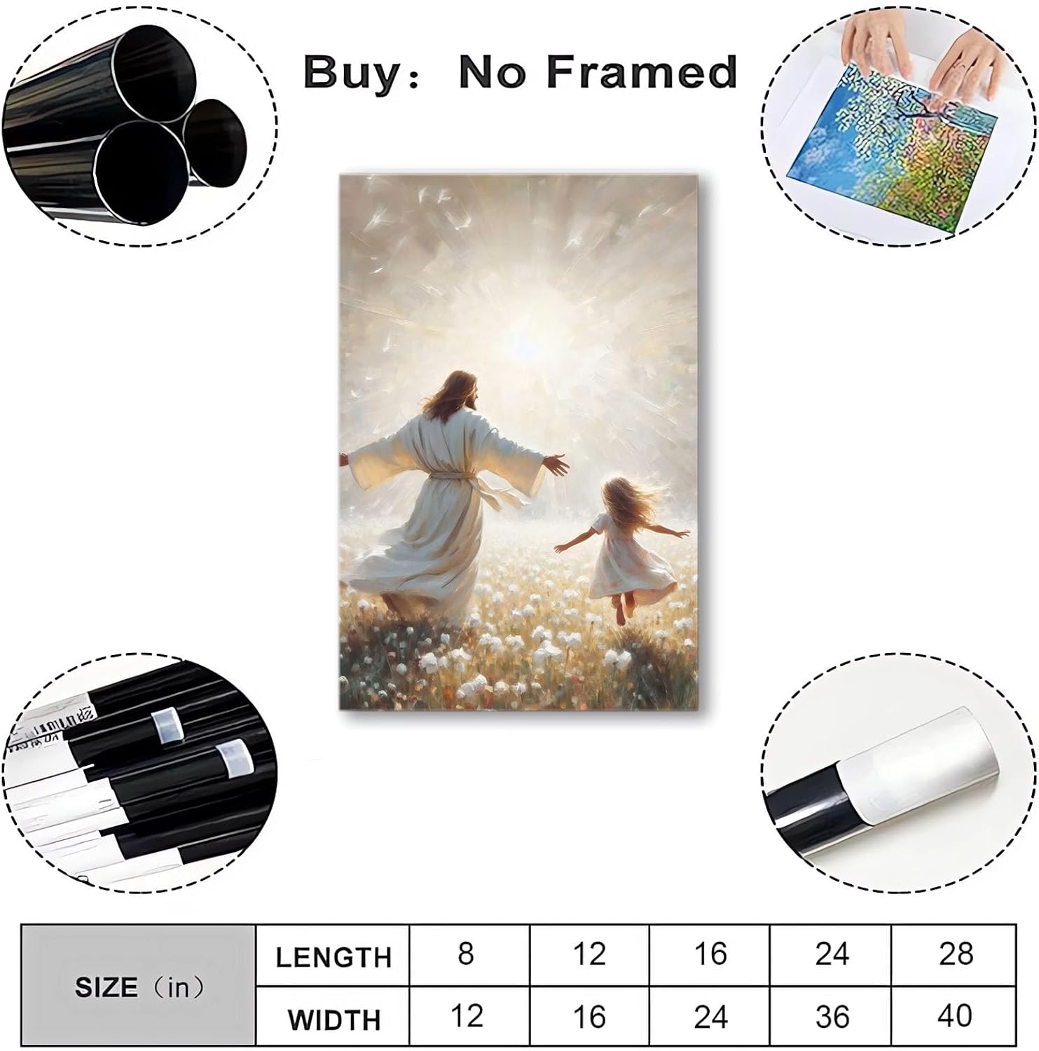 Jesus canvas painting spiritual artwork featuring a girl in a flowing white robe happily playing in a warm field of golden daisies. Adds a vibrant atmosphere to your home's sacred wall decor