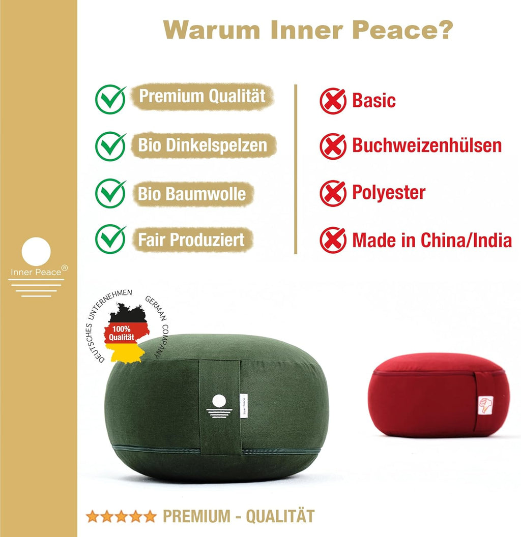 Inner Peace Yogakissen Meditationskissen aus 100% Bio Baumwolle und mit Bio Dinkelfüllung | Yogakissen Rund, Yoga Sitzkissen, Yogakissen Meditationskissen, Sitzkissen Yoga, Meditation Cushion