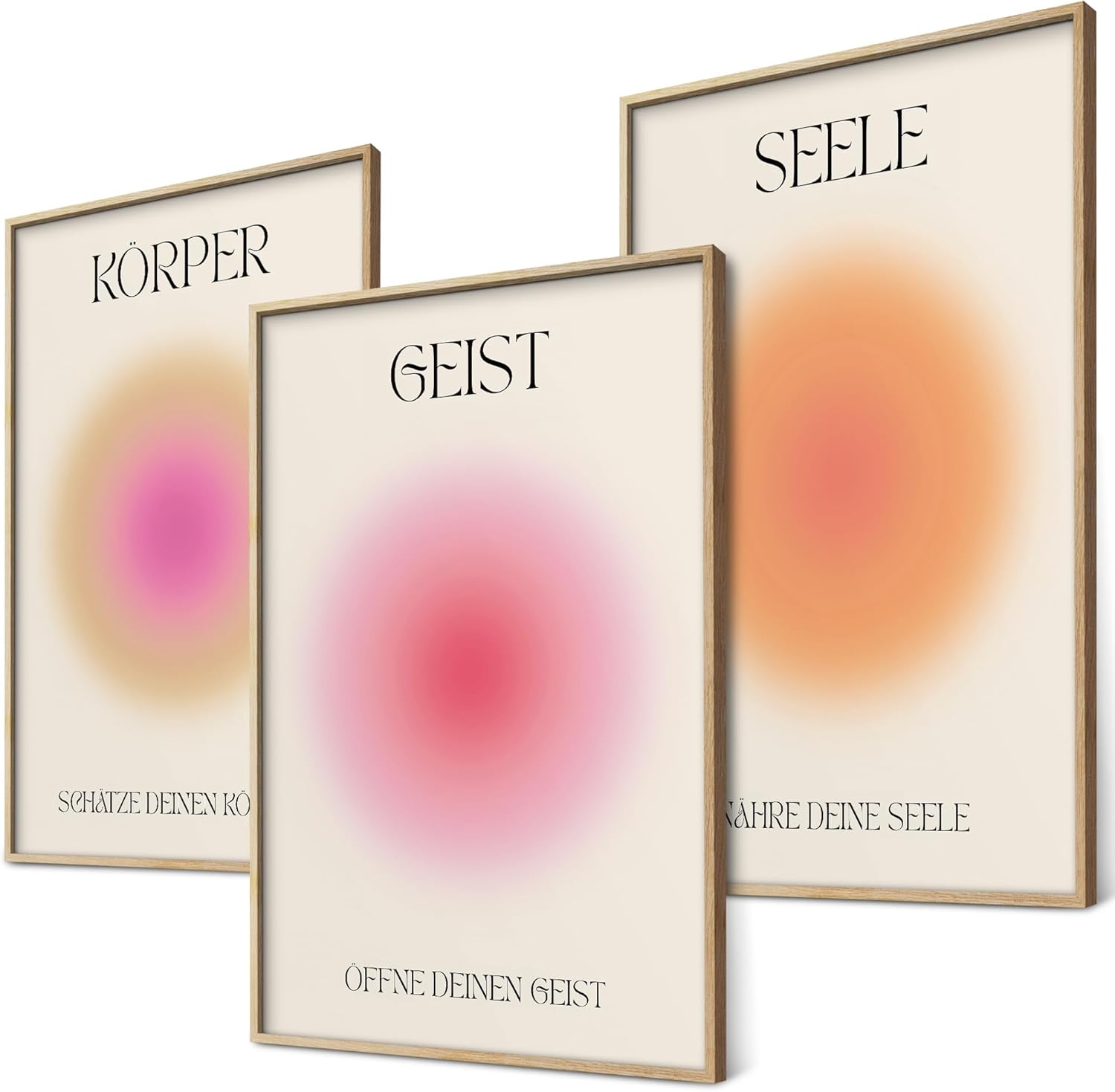 Geist Körper Seele Yoga Poster Set Achtsamkeit Aura Farben Wanddeko Inspirierende Bilder Mindfulness Schlafzimmer Deko Wohnzimmer Dekoration Homeoffice Achtsamkeitsposter (3x A4 | Ohne Rahmen)
