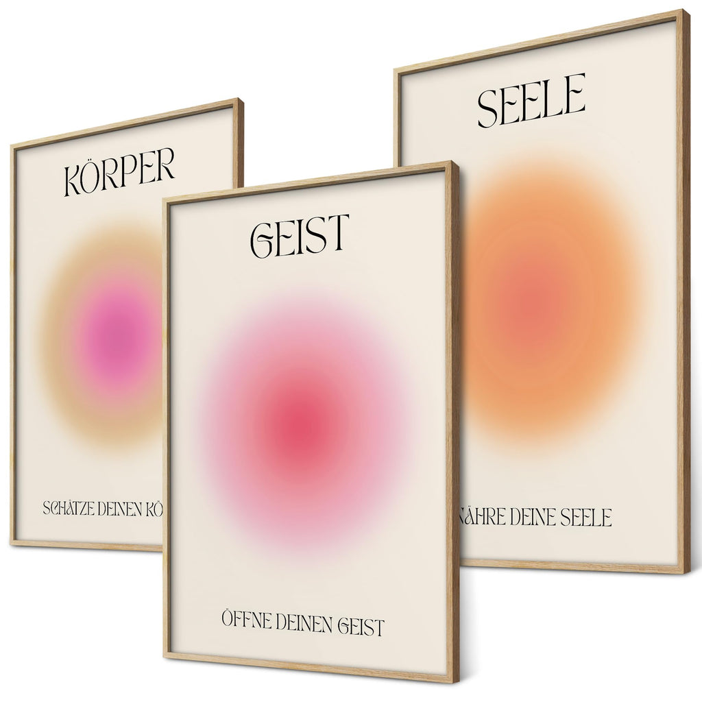 Geist Körper Seele Yoga Poster Set Achtsamkeit Aura Farben Wanddeko Inspirierende Bilder Mindfulness Schlafzimmer Deko Wohnzimmer Dekoration Homeoffice Achtsamkeitsposter (3x A4 | Ohne Rahmen)