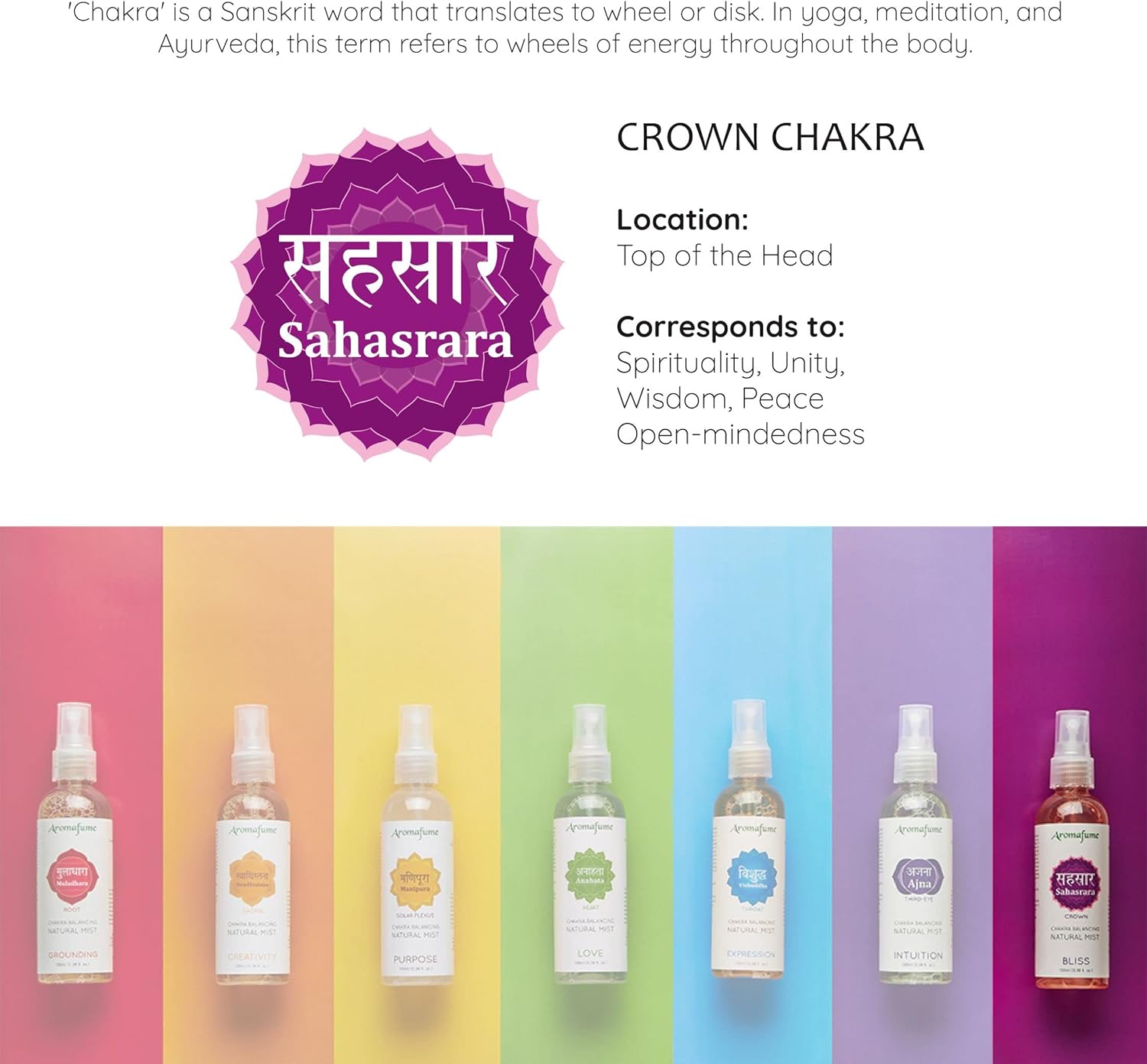 Crown Chakra Natural Mist by Aromafume | 100ml/3.3 fl oz | Sahasrara | Aromatherapy Spray for Chakra Balance | Lavender & Jasmine Extracts | Essential Oil Spray for Meditation, Yoga, Reiki