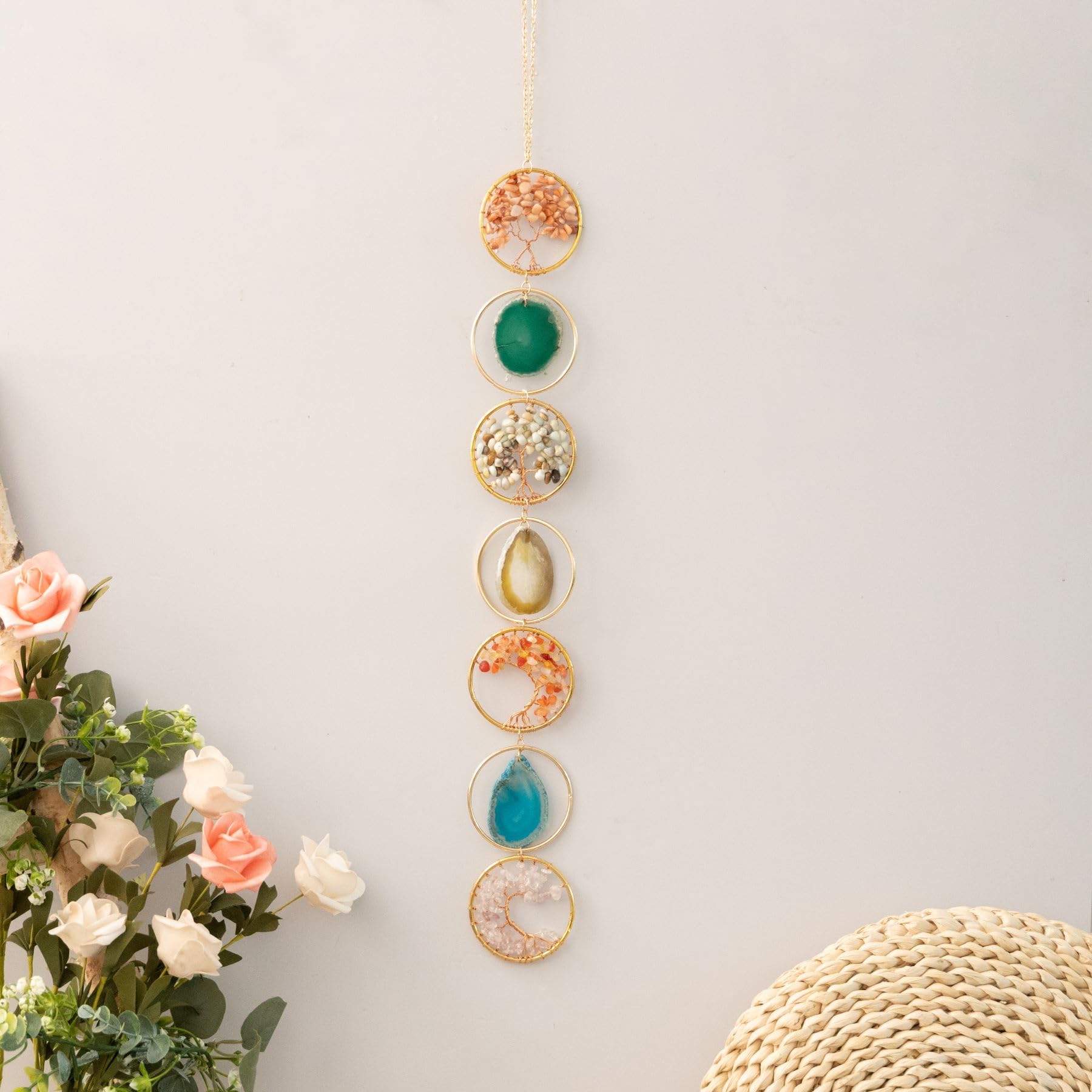 Crystals Tree of Life Dream Catcher, Natural Gemstone Agate Chakra Sign, Wall Hanging, Home Decoration for Meditation, Yoga Wall Art, Mandala Ornaments for Bedroom (7 Chakra Crystals)