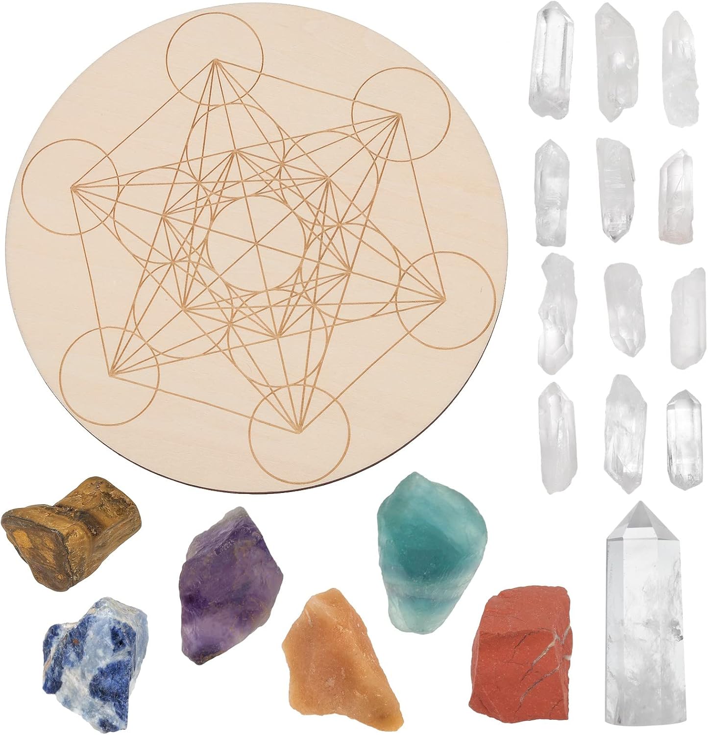 KYEYGWO Reiki Healing Crystal Grid Set with 7 Chakra Raw Stone and Rock Crystal Wand Wooden Sacred Geometry Chakra Energy Stone Quartz Dots Ornament for Home Decor, Hexagon Gemstones