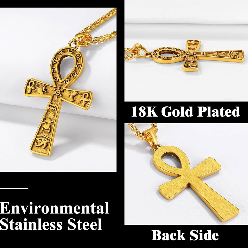 Richsteel Edelstahl Ägyptische Kreuzkette für Herren Jungen Religiöser Amulett Horusauge Kette Ankh Schmuck für Geburtstag Vatertag