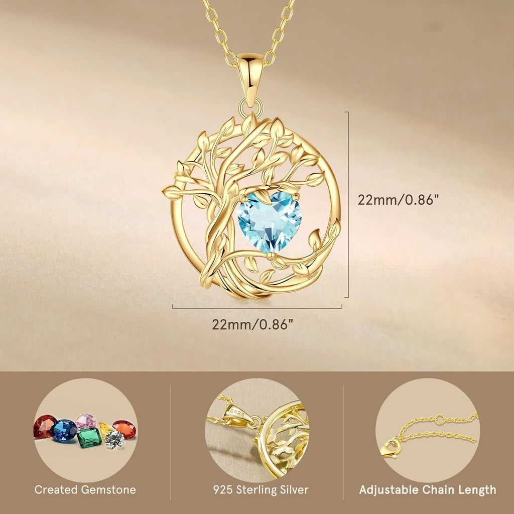 FANCIME Lebensbaum Geburtstein Kette für Damen Gelbgold Vergoldet Baum des Lebens Edelstein Anhänger Halskette Schmuck Geschenke für Damen Frauen Mädchen, Kettenlänge: 40+5 cm