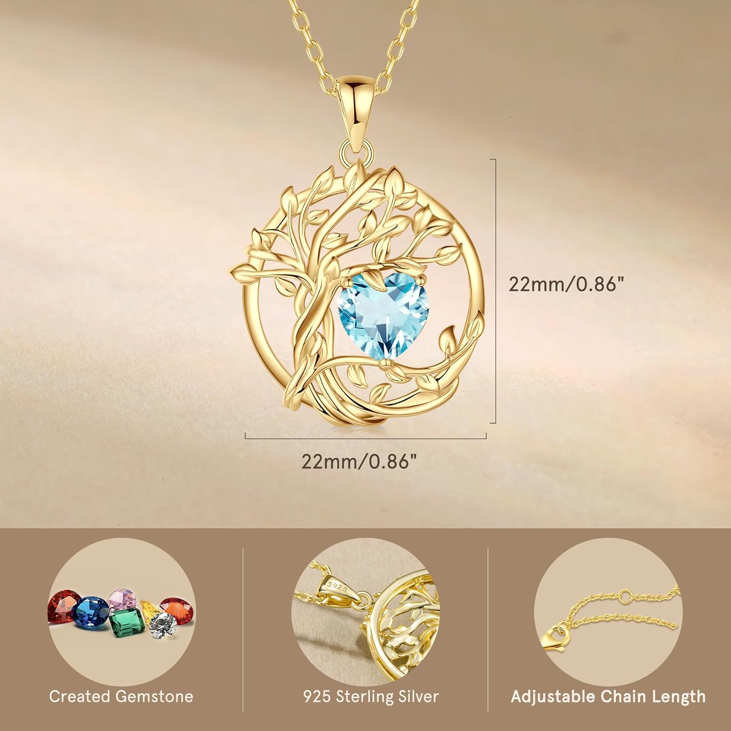 FANCIME Lebensbaum Geburtstein Kette für Damen Gelbgold Vergoldet Baum des Lebens Edelstein Anhänger Halskette Schmuck Geschenke für Damen Frauen Mädchen, Kettenlänge: 40+5 cm