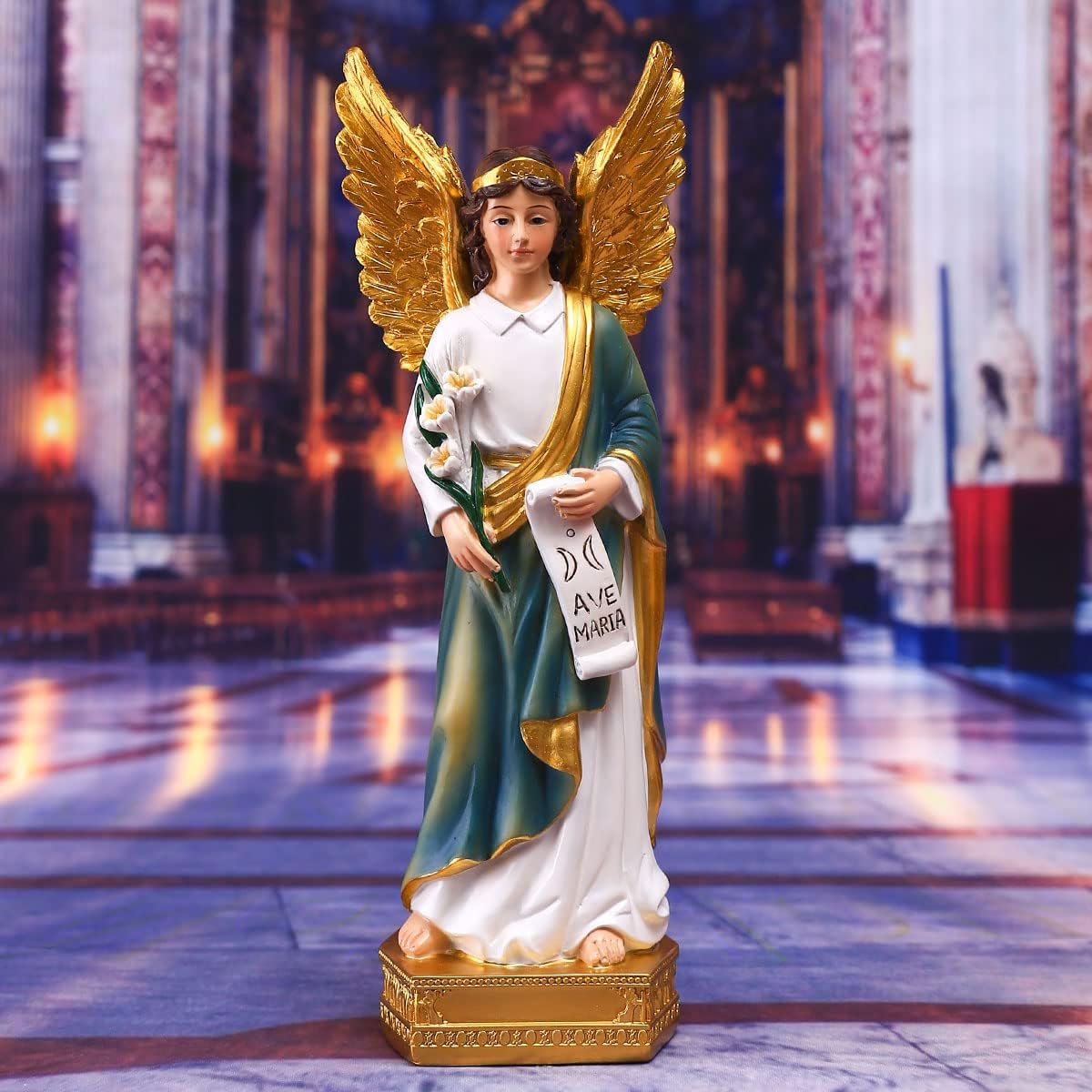 QIANLING Erzengel Gabriel Statue - 20 cm Hohe Harzfigur, Katholisches Geschenk, Heiliger Gabriel als Bote Gottes, Ideal für religiöse Deko und Wohnraumgestaltung