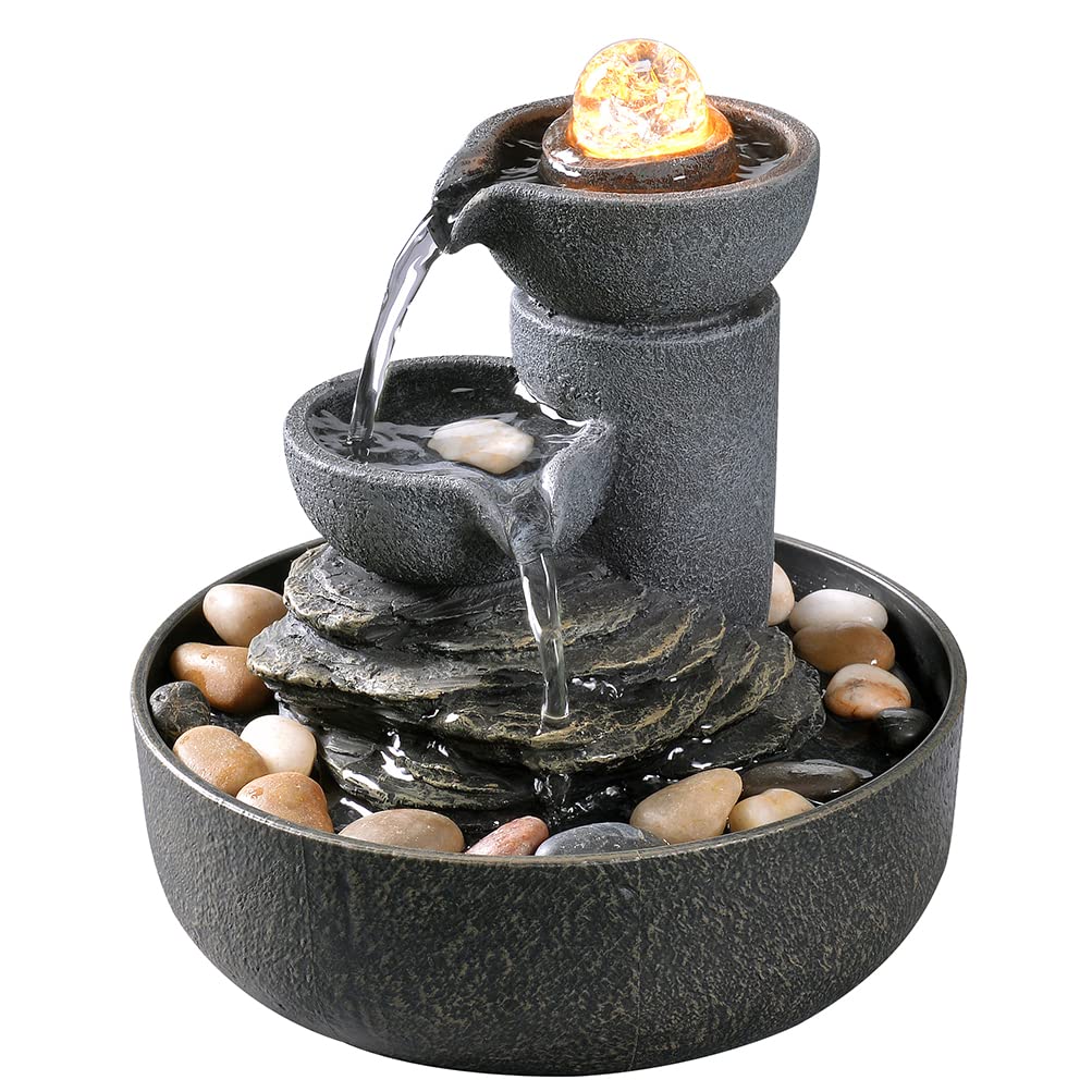 Evisso 3-stufiger Entspannungs Tischbrunnen, Simulation, Steinsäule, Wasserbrunnen, beruhigender Klang, Meditationsbrunnen mit Steinen und reflektierender Beleuchtung (21110)