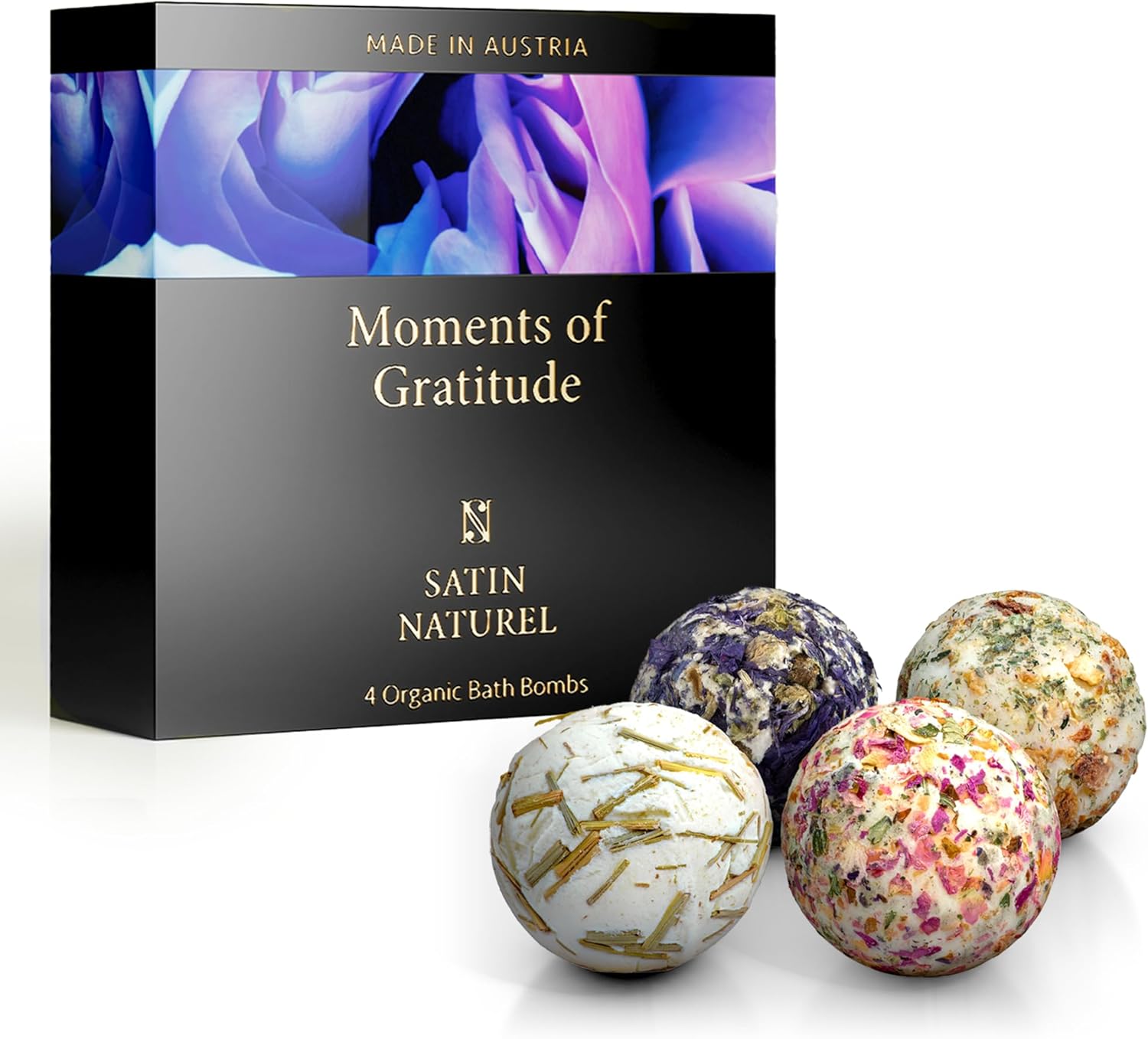 Satin Naturel 4 Luxuriöse BIO Badebomben Vegan - Wellness Geschenke für Frauen - Premium Badekugeln - Geburtstagsgeschenk für Frauen - Luxus-Geschenkbox Naturkosmetik