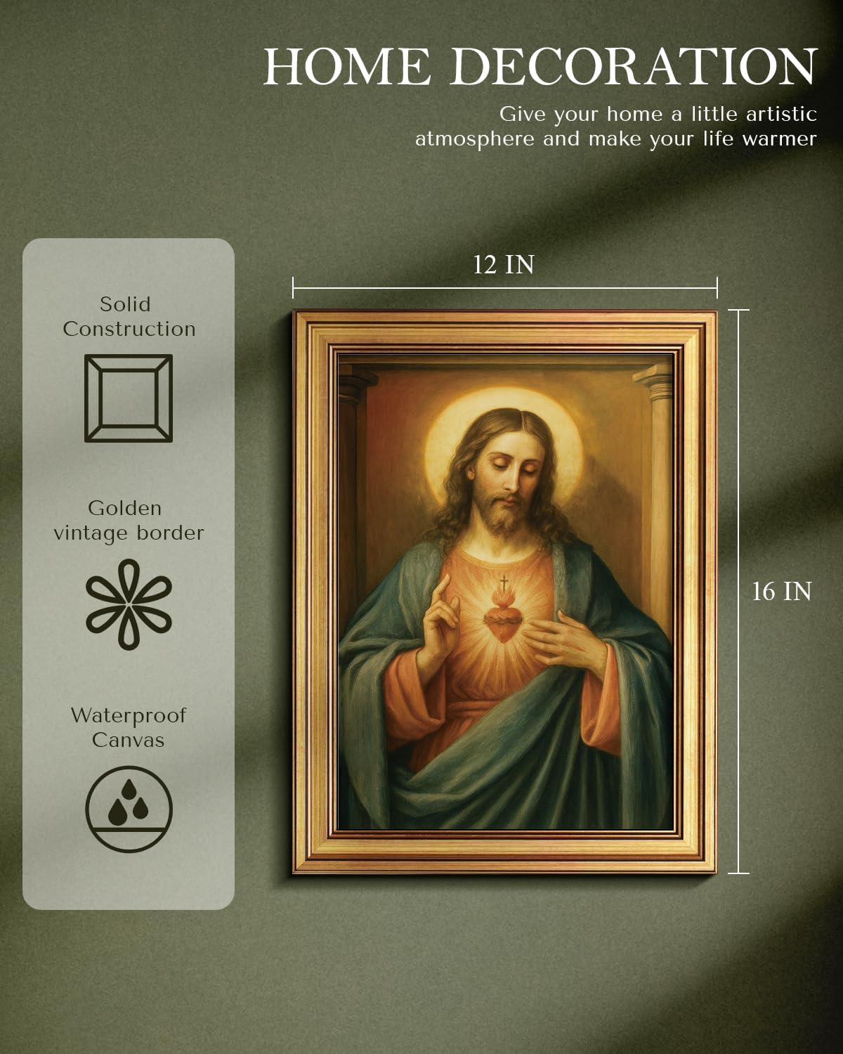 Vintage Sacred Heart of Jesus Christ Canvas Gold Framed Wall Art, 12x16 Inch Religious Oil Painting Artwork, Christian Art Print for Home Living Room Spiritual Spaces Decor