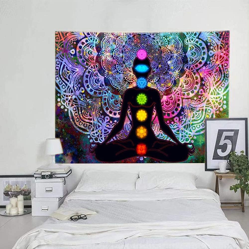 Yoga Mandala Tapestry, Colourful Seven Chakra Tapestry with Installation Kit, for Bedroom, Living Room, Dorm, Studio Room Decor